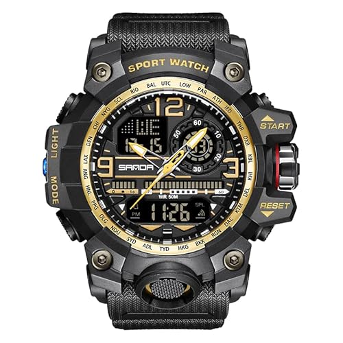 Militär Uhren Sportuhren für Herren Armbanduhr Herrenuhr Digital Uhr Tactical Watches for Men Outdoor Digitaluhr für Jungen LED-Leuchtdisplay mit Analogen Zeigern und Digitalen Zahlen, Schwarz Golden von findtime