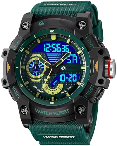 Militäruhr Herren Grün Armbanduhr Analog Digitale Sportuhr Bunte Outdoor Großes Zifferblatt Datum und Tag Anzeig von findtime