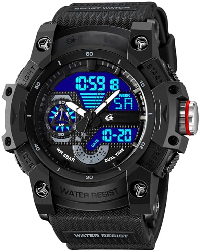 Militäruhr Herren Schwarz Armbanduhr Analog Digitale Sportuhr Bunte Outdoor Großes Zifferblatt Datum und Tag Anzeig von findtime