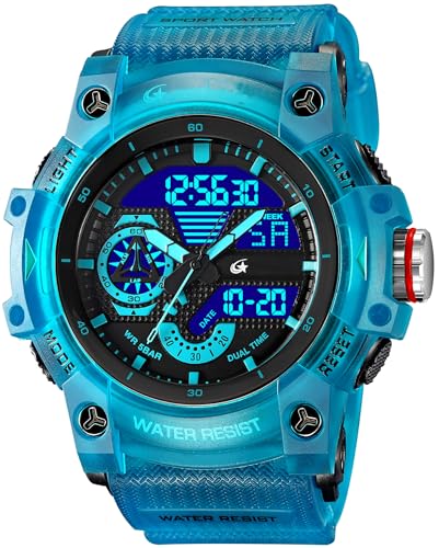 Militäruhr Herren Transparent Blau Armbanduhr Analog Digitale Sportuhr Bunte Outdoor Großes Zifferblatt Datum und Tag Anzeig von findtime