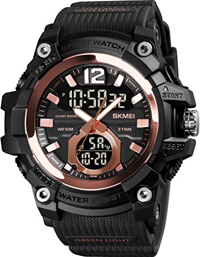 findtime Modische Herrenuhr Digitaluhr Groß Armbanduhr DREI Zeitzonen 5ATM Wasserdicht Herren Sport Militär Uhr Digital Analog Outdoor LED Countdown Stoppuhr von findtime