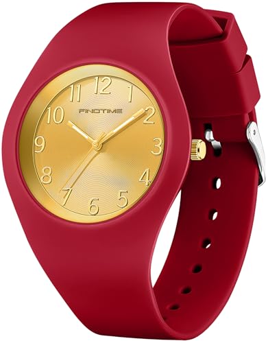 Rot Damenuhr für Frauen Mädchen 5ATM wasserdichte Sportuhr Einfach Mode Design Analog Quarz Jelly Kinderuhr Silikonband Gold von findtime