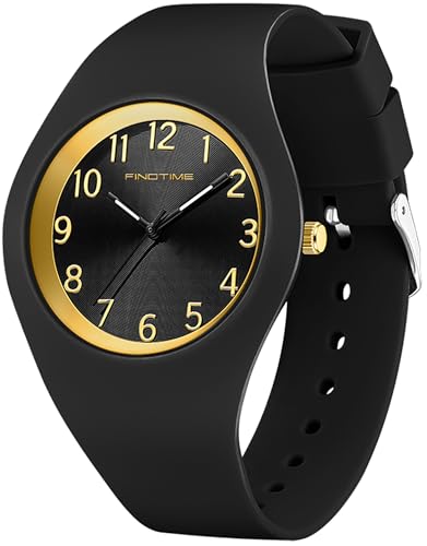 Schwarz Damenuhr für Frauen Mädchen 5ATM wasserdichte Sportuhr Einfach Mode Design Analog Quarz Jelly Kinderuhr Silikonband von findtime