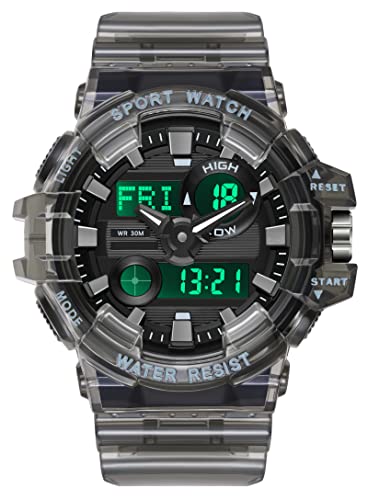 Schwarz Transparente Armbanduhr für Jungen Herren Digitale Analoge Sportuhr, Coole Design Herrenuhr mit Wecker/Stoppuhr/12/24H/Dualzeit/LED Elektronische Taktische Digitaluhren von findtime