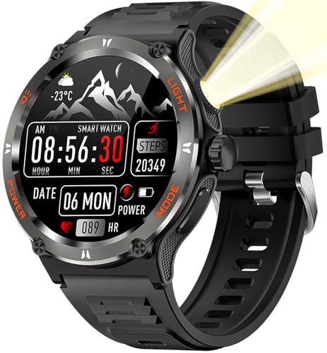 Smartwatch Kompass Militär Uhr, Robust Smart Watch mit LED Taschenlampe Telefonfunktion 24H Herzfrequenz Outdoor Fitnessuhr für Android iOS von findtime