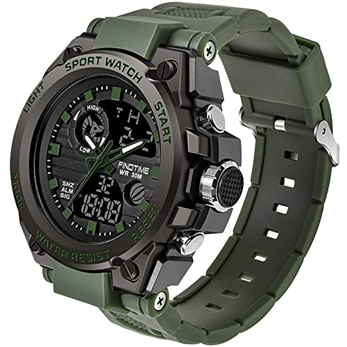 Militärische Taktische Sportuhr für Herren, Stoppuhr, großes Zifferblatt, Alarm, doppelte Zeitanzeige, Hintergrundbeleuchtung, wasserdichte Armbanduhr für draußen, Analog, Digital, grün, Gurt von findtime