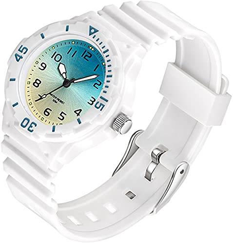 findtime Uhr Damen Analog Quarz Armbanduhr 5ATM wasserdichte Damenuhr Plastik Lichtschluckend Beleuchtend Sportuhr für Frauen Uhren Jungen Weiss Green Kids Watch von findtime