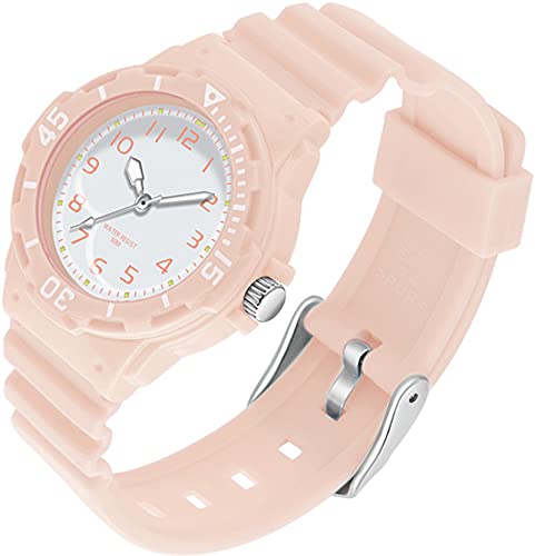 findtime Uhr Damen Analog Quarz Armbanduhr 5ATM wasserdichte Damenuhr Plastik Lichtschluckend Beleuchtend Sportuhr für Frauen Uhren Mädchen Jungen Candy Farbe Bunt Kids Watch Pink Grün von findtime