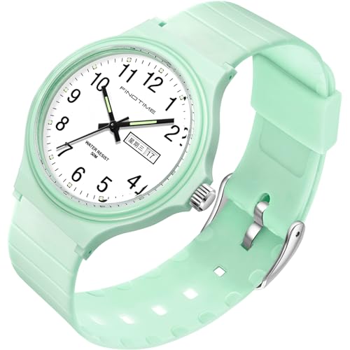 Uhren Damen Analog Quarz Armbanduhr für Damen Große Zahlen Senioren 5ATM Wasserdicht Frauen Uhren Buntfarbig Silikon Kinder Uhr mit Datum Woche Leuchtzifferblatt Junge Mädchen Sport Watch von findtime