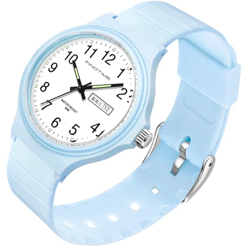 Uhren Damen Analog Quarz Armbanduhr für Damen Große Zahlen Senioren 5ATM Wasserdicht Frauen Uhren Buntfarbig Silikon Kinder Uhr mit Datum Woche Leuchtzifferblatt Junge Mädchen Sport Watch von findtime