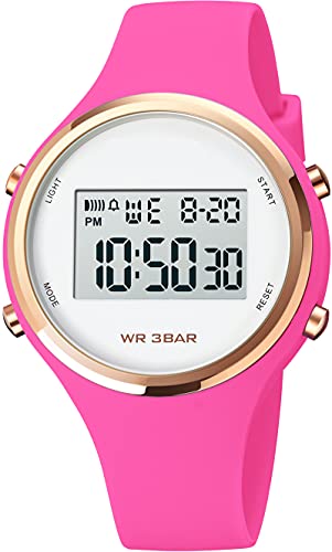 Uhren Damen Digitale Armbanduhr Frauen Kinderuhr Mädchen Multifonktion Damenuhr Digital Silikon Armband mit Licht Alarm Stoppuhr Rosegold von findtime