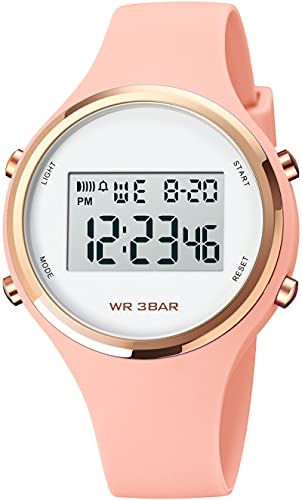 Uhren Damen Digitale Armbanduhr Frauen Kinderuhr Mädchen Multifonktion Damenuhr Digital Silikon Armband mit Licht Alarm Stoppuhr Rosegold von findtime