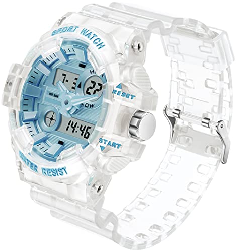 Digitale Armbanduhr Digitaluhr Sport Digital Uhren Herren Wasserdicht Militär Outdoor Uhr LED Multifunktional Stoppuhr Kalender Dualzeit Countdown 12/24H Transparent Weiss Blau von findtime