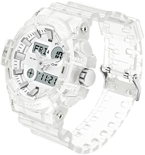 Digitale Armbanduhr Digitaluhr Sport Digital Uhren Herren Wasserdicht Militär Outdoor Uhr LED Multifunktional Stoppuhr Kalender Dualzeit Countdown 12/24H Transparent Weiss von findtime