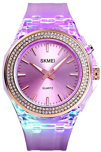 findtime Vogue Damenuhr Glitzer Disco LED Beleuchtung Quarzuhr Vaporwave Girl Armbanduhr mit Diamant Flieder von findtime