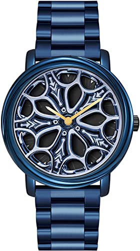 findtime 3D Drehende Uhr Zifferblatt Kreative Design Herrenuhr Blau Edelstahl Analog Quarzuhr Coole Modische Armbanduhr für Männer von findtime