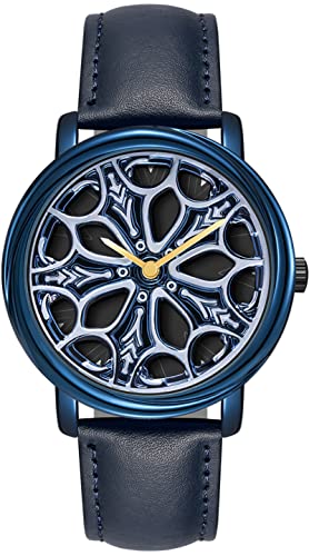 findtime 3D Drehende Uhr Zifferblatt Kreative Design Herrenuhr Blau Leder Analog Quarzuhr Coole Modische Armbanduhr für Männer von findtime