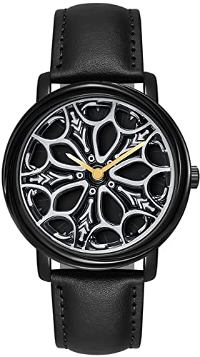 findtime 3D Drehende Uhr Zifferblatt Kreative Design Herrenuhr Schwarz Leder Analog Quarzuhr Coole Modische Armbanduhr für Männer von findtime