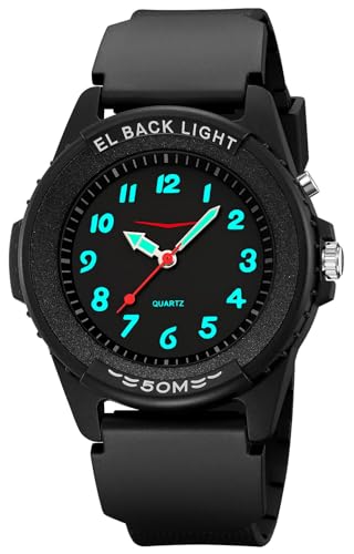 findtime Armbanduhr Beleuchtet Jungen Mädchen Analog Quartz Uhr mit Licht Sportliche 5ATM Wasserdicht Outdoor Studenten Sportuhr für Teenager Schwarz von findtime