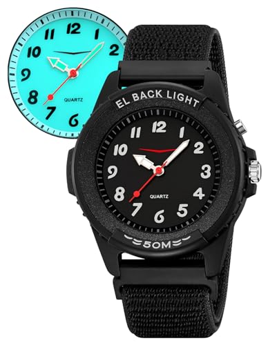 findtime Armbanduhr Beleuchtet Nylonband Jungen Mädchen Analog Quartz Uhr mit Licht Sportliche 5ATM Wasserdicht Outdoor Studenten Sportuhr für Teenager Schwarz von findtime