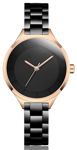 findtime Armbanduhr Damen Analoge Quarzuhr Minimalistische Runde Legierungs Bügel Damenuhr Elagant Weibliche Design Einfach Klein Klassisch Uhr für Frau Schwarz Roségold von findtime