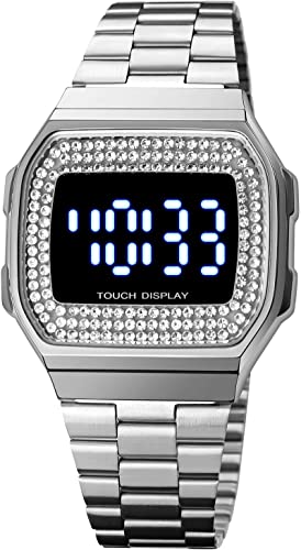 findtime Armbanduhr Damen Digital Uhr Strass Damenuhr mit Edelstahlarmband LED Touchscreen Frauen Uhr Eckig Datum Rosegold Gold Silber von findtime