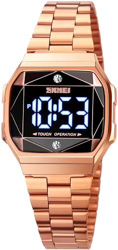 findtime Armbanduhr Damen Touch LED Eckige Damenuhren Rosegold Damenarmbanduhr Diamant Strasssteine Luxus Design Frauen Uhr Edelstahl von findtime