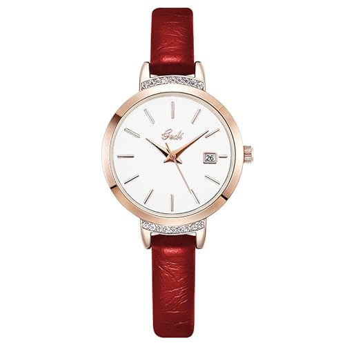 findtime Armbanduhren Damen Senioren Armbanduhr Teenager Mädchen Wasserdicht Damenuhr mit Lederarmband Kalender, Rot von findtime