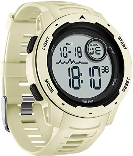 findtime Beige Digital Herren Damen Uhren 5 ATM Wasserdicht Sport Outdoor Armbanduhr mit 12/24H/Alarm/Kalender/Stoßfest/Stoppuhr Militär Tactical Uhr für Männer Jungen von findtime