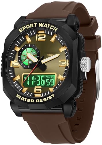 findtime Brown Herrenuhr Quadratisches Großes Zifferblatt mit Digital Analog Doppelzeit Designer Uhren für Männer Sportliche Elektronische Armbanduhren von findtime