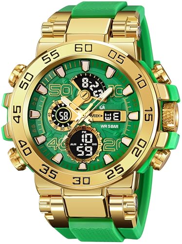 findtime Bunte Uhren Herren 5ATM Wasserdicht Digitaluhr mit Doppelzeit 12/24H Anzeig LED Datum Stoppuhr Große Herrenuhr Cooles Militär Design Grün Gold von findtime