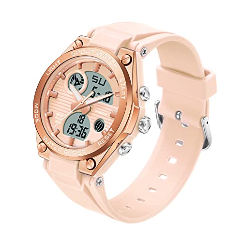 findtime Damen-Sport-Digitaluhr, Armbanduhr für Damen, wasserdicht, Doppelzeit, Datum, leuchtende Hintergrundbeleuchtung, Wochenalarm, Stoppuhr, Weiß, Schwarz, Blau, Grün, rose, Riemen von findtime