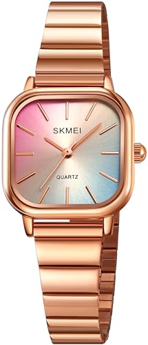 findtime Damenuhr Analog Quarz Eckig Elegant Armbanduhr Damen mit Edelstahlarmband Klein Silber Gold Uhren Damen Buntes Zifferblatt Schmuck Fraurn Uhr Armreif Rosegold von findtime