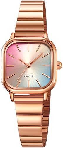 findtime Damenuhr Analog Quarz Eckig Elegant Armbanduhr Damen mit Edelstahlarmband Klein Silber Gold Uhren Damen Buntes Zifferblatt Schmuck Fraurn Uhr Armreif Rosegold von findtime