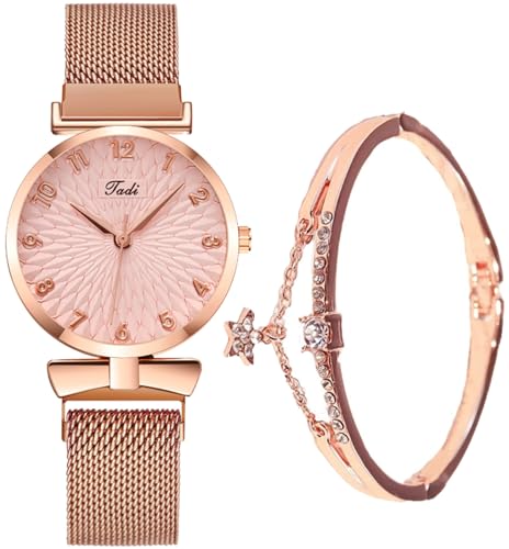 findtime Damenuhr Rosegold Armbanduhr Damen Armreif Set Analog Quarzuhr Frauen Elegant Uhren Damen Armband Schmuck von findtime