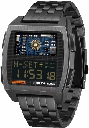 findtime Design Digital Uhr für Herren, Cool Rectangular Edelstahl Armbanduhr mit 5ATM Wasserdicht Weltzeit Timer 12/24H Stoppuhr von findtime