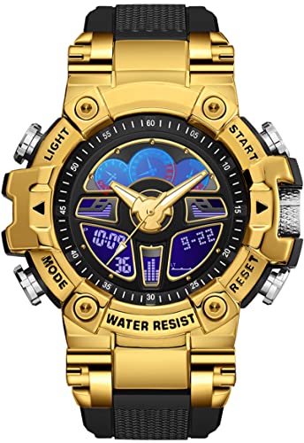 findtime Design Militär Herren Gold Armbanduhr Digital Analog Taktische Sportuhr für Männer Teenageruhr mit 5ATM Wasserdicht 4 Alarmgruppen Countdown Stoppuhr 12/24H von findtime