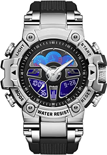 findtime Design Militär Herren Silber Armbanduhr Digital Analog Taktische Sportuhr für Männer Teenageruhr mit 5ATM Wasserdicht 4 Alarmgruppen Countdown Stoppuhr 12/24H von findtime