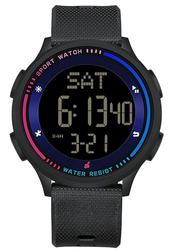 findtime Digital Damenuhr mit 5ATM Wasserdicht Dualzeit Countdown Dünne Armbanduhr für Frau Sportuhr mit Leuchtziffern für Jugen Damen Blau Uhr von findtime