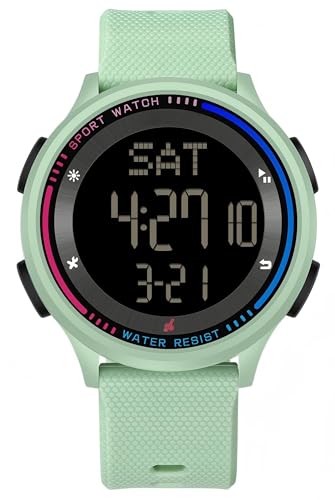 findtime Digital Damenuhr mit 5ATM Wasserdicht Dualzeit Countdown Dünne Armbanduhr für Frau Sportuhr mit Leuchtziffern für Jugen Damen Grün Uhr Mädchen von findtime