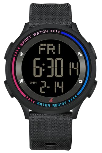 findtime Digital Damenuhr mit 5ATM Wasserdicht Dualzeit Countdown Dünne Armbanduhr für Frau Sportuhr mit Leuchtziffern für Jugen Damen Multifunktionale Uhr Schwarz von findtime