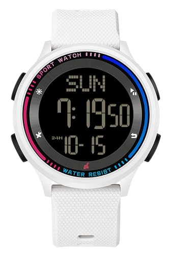 findtime Digital Damenuhr mit 5ATM Wasserdicht Dualzeit Countdown Dünne Armbanduhr für Frau Sportuhr mit Leuchtziffern für Jugen Damen Weiß Uhr Mädchen von findtime