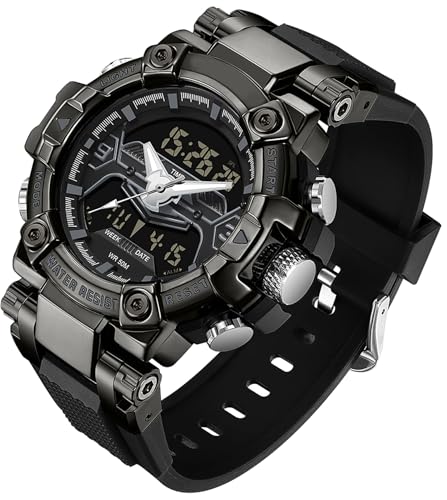 findtime Digital Herren Uhr Analog Armbanduhr für Männer Doppelanzeige Digitaluhr Schwarz Stoßfeste Sportuhr Uhren mit Stoppuhr LED Beleuchtung Alarm Datum Anzeige von findtime
