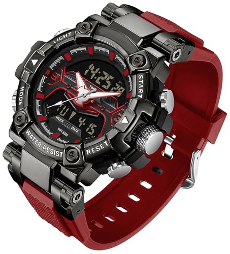 findtime Digital Herren Uhr Anaog Armbanduhr für Männer Doppelanzeige Digitaluhr Rot Stoßfeste Sportuhr Uhren mit Stoppuhr LED Beleuchtung Alarm Datum Anzeige von findtime