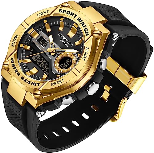 findtime Digital Herren Uhren 5 ATM Wasserdicht Schwimmen Armbanduhr, Sportuhr für Jungen Männer mit Duale Zeitzone Anzeige Digitaluhren Schwarze Stoppuhr Gold von findtime