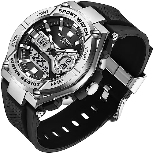 findtime Digital Herren Uhren 5 ATM Wasserdicht Schwimmen Armbanduhr, Sportuhr für Jungen Männer mit Duale Zeitzone Anzeige Digitaluhren Schwarze Stoppuhr Silber von findtime