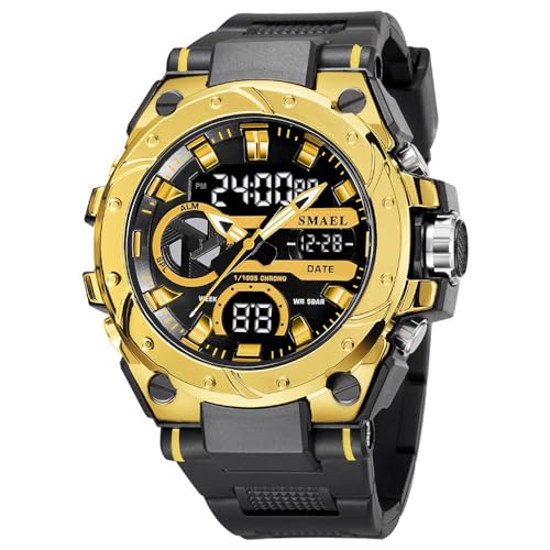 findtime Digitale Herren-Sportuhren, Militär-Uhren für Herren, 50 m wasserdicht, taktische Uhren mit EL-Licht, Stoppuhr, Alarm, Freizeituhr, schwarz, weiß, rot, schwarz / goldfarben, Armband von findtime