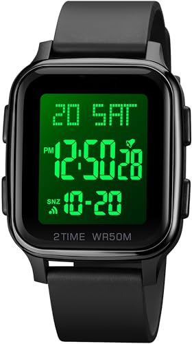findtime Digitale LED Armbanduhr Herren Damen Rechteck Quadrat Große Zahlen Unisex Herrenuhren Sport Wasserdicht Doppelzeite Timer Stoppuhr Schwarz von findtime