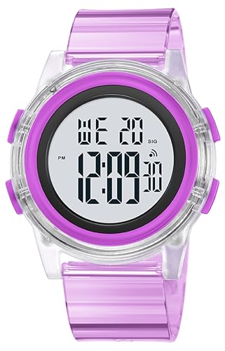 findtime Digitale Uhren für Damen, Sportuhr, 5 ATM wasserdicht, Armbanduhr, Kalender, Stoppuhr, Alarm, Quarzuhr, lässig, einfach, leicht zu lesen, Mädchen, violett, Armband von findtime