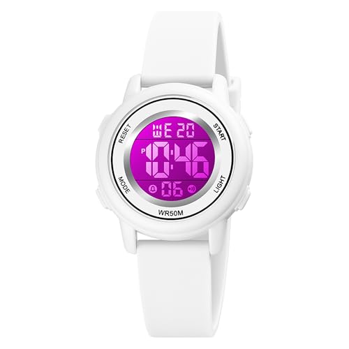findtime Digitaluhr Damen Damenuhr Digital Armbanduhr Damen wasserdichte Uhren mit Weichem Gummiarmband und LED-Leuchtdisplay, Weiß von findtime